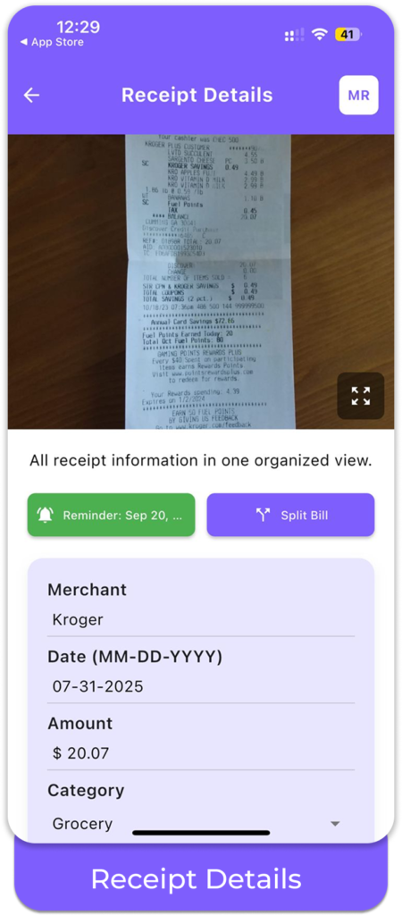 receipt details