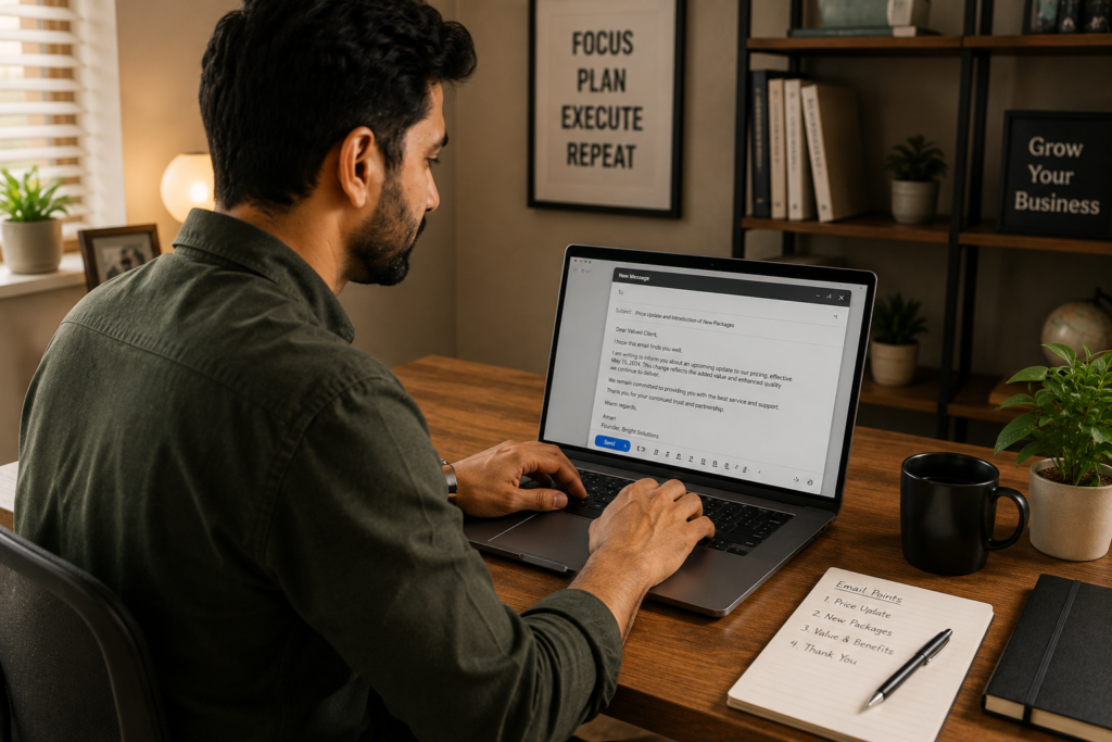 A small business owner writes a professional email on a laptop at a clean, organised desk in a modern office. Warm natural lighting, a notebook, coffee mug, and minimal décor create a calm, professional atmosphere focused on clear business communication.