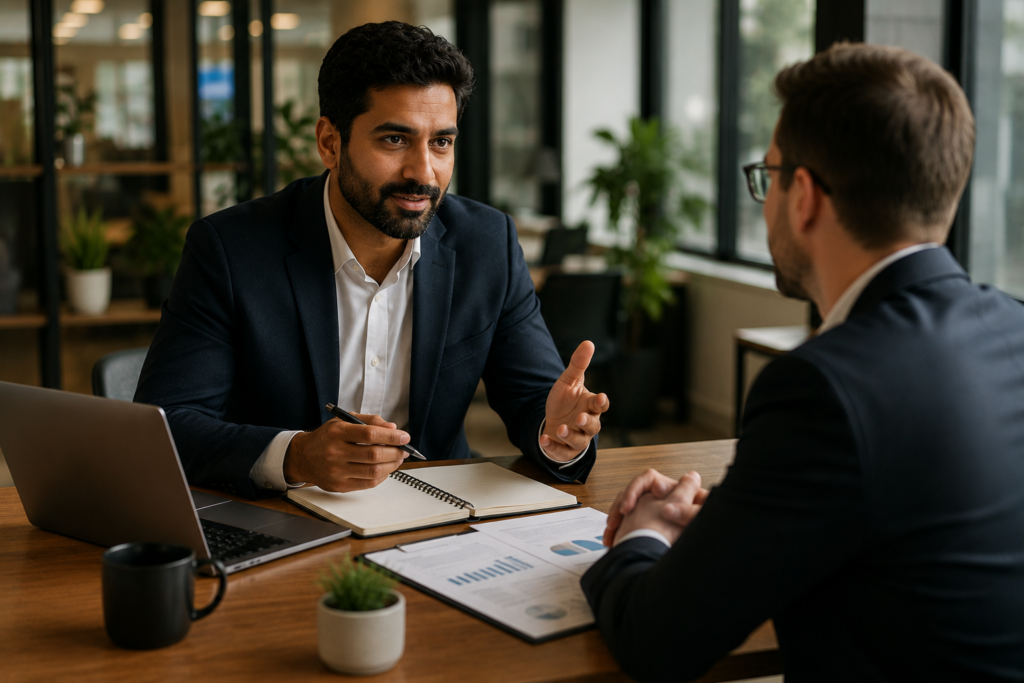 A calm small business owner confidently discusses pricing with a client across a meeting table in a modern office. Warm natural lighting, professional body language, and business documents create a positive atmosphere of trust, communication, and collaboration.