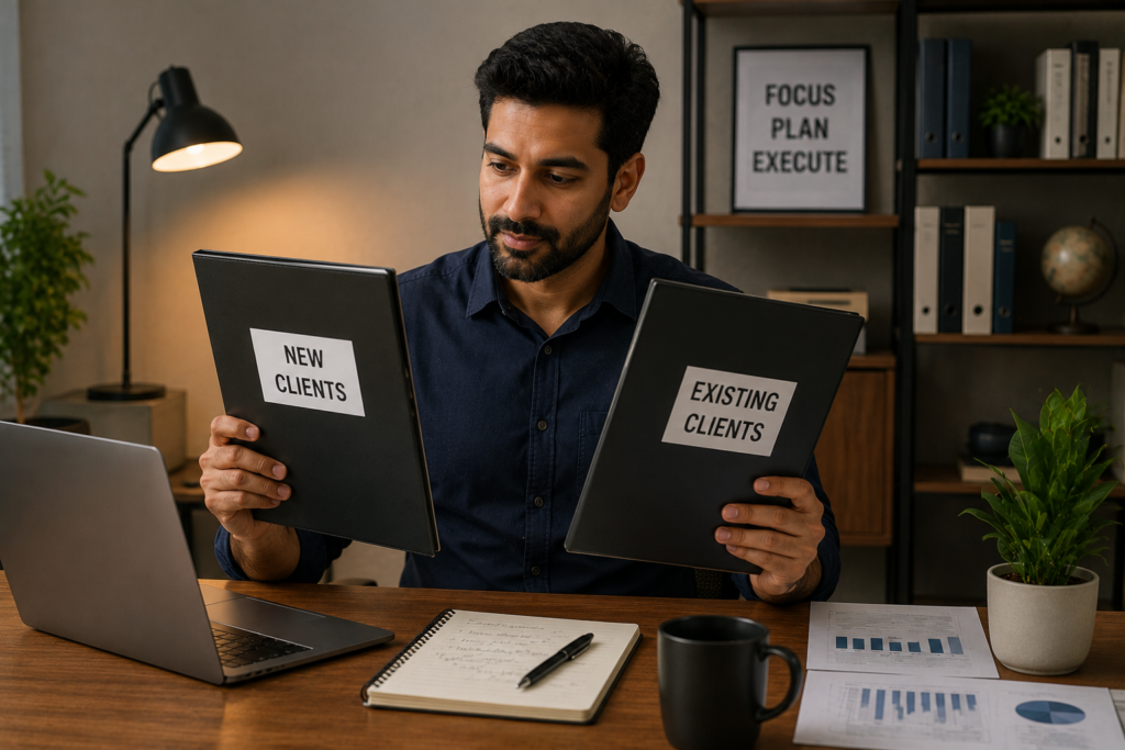 A small business owner compares two client folders labelled "New Clients" and "Existing Clients" at a tidy desk in a modern office. Warm lighting, a laptop, notebook, coffee mug, and financial reports create a professional setting focused on client management and business strategy.