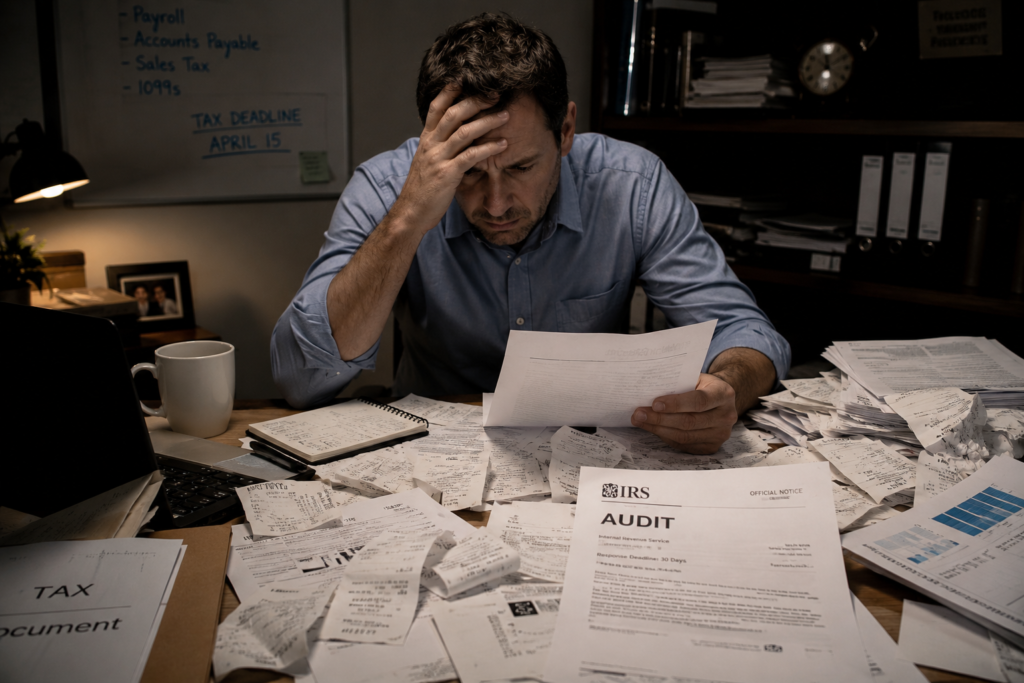 Stressed small business owner reviewing tax documents and an IRS audit letter at a cluttered desk, highlighting tax audit preparation, bookkeeping challenges, financial record management, and small business tax compliance.