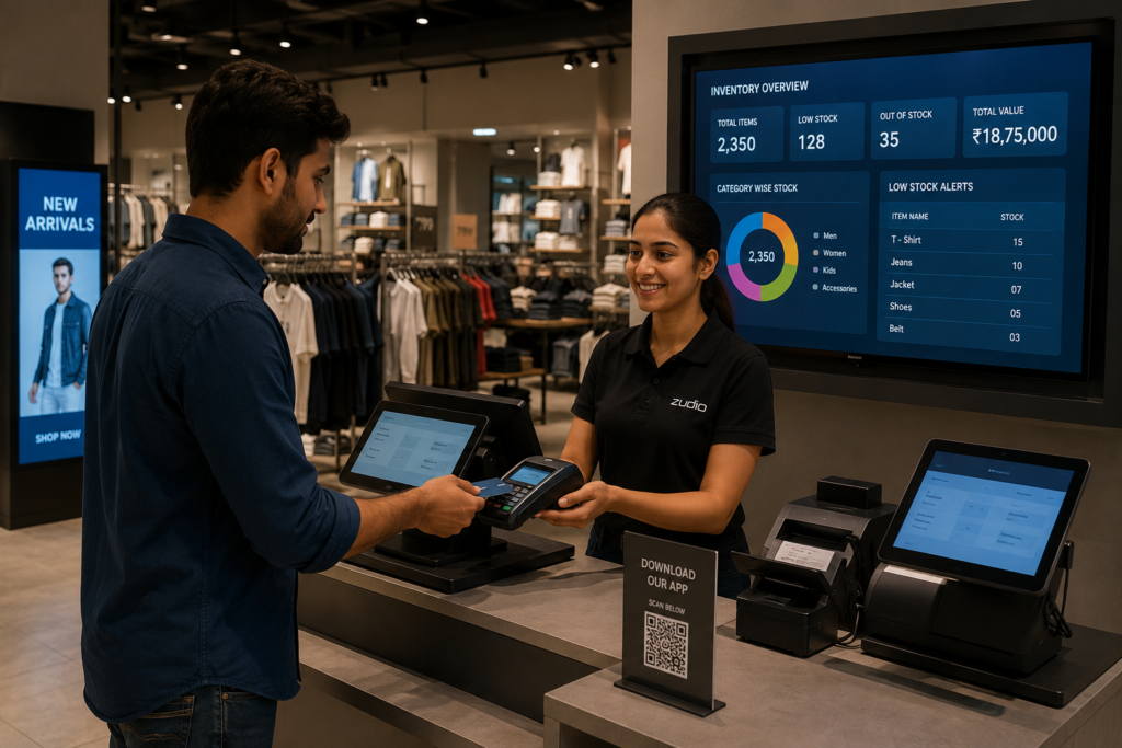 A modern retail store interior with digital checkout counters, inventory management screens, and a customer making a contactless card payment to a cashier. Clothing displays are neatly organized throughout the store, while large digital dashboards show stock levels, inventory analytics, and low-stock alerts. Warm professional lighting creates a clean, welcoming atmosphere, highlighting the integration of retail technology and an efficient shopping experience.