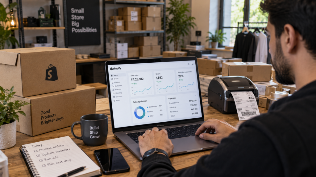 Shopify store owner reviewing sales and expense dashboards on a laptop, surrounded by packaging boxes and a shipping label printer in a small home warehouse workspace.