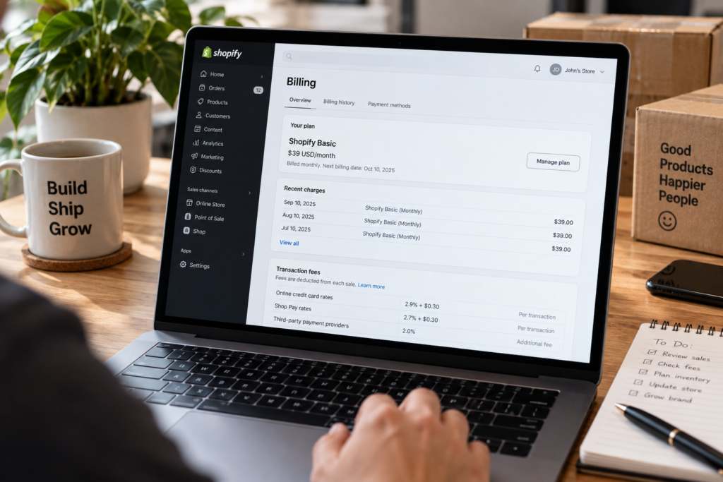 Close-up of a laptop displaying a Shopify billing dashboard with monthly plan charges and transaction fee details, set on a desk with packaging supplies and business accessories.
