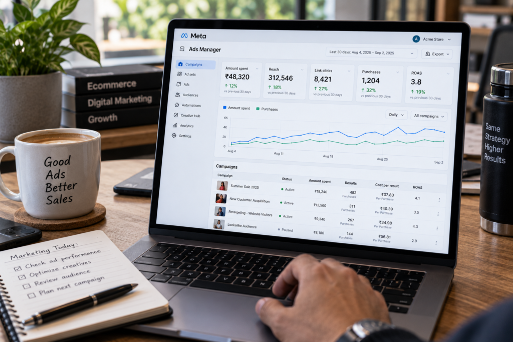 Laptop displaying a social media advertising dashboard with campaign spend, reach, clicks, purchases, and performance metrics, with a coffee cup beside it in a modern workspace.
